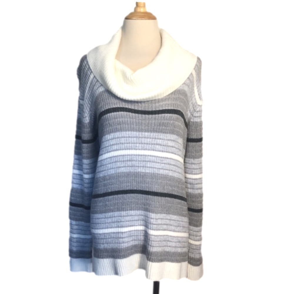 Calvin KLEIN Grey White Striped Cowl Neck Sweater Women XL New Cozycore‎ Cabin